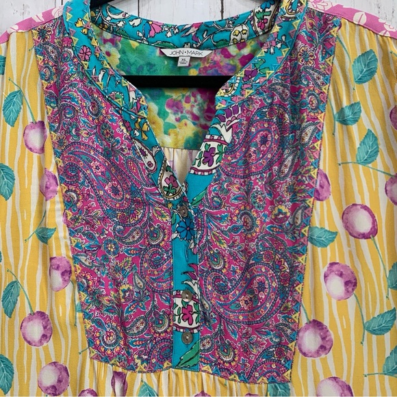 John Mark Womens XL Floral Paisley Patchwork Yellow Teal Boho Tunic Top NWT - Picture 4 of 16